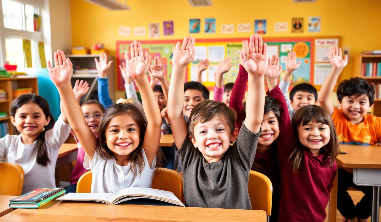 Smiling K-8 students raising hands in a bright classroom at Hicks Academy